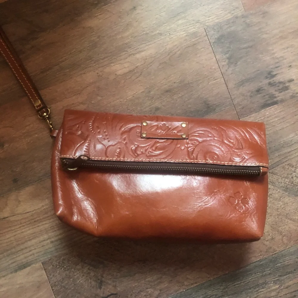 Patricia Nash Embossed Leather Wristlet in Cognac Brown - Picture 1 of 2
